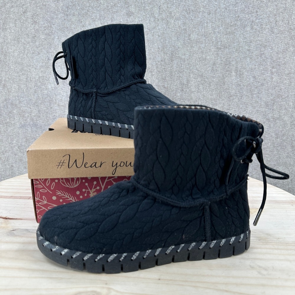 Muk Luks Black Cable Knit Ankle Boots Womens 7 Lace Back‎ Whipstitch Faux Fur